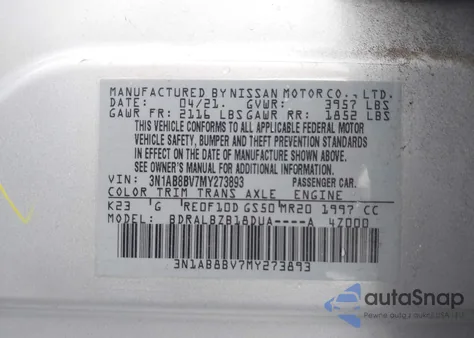 2021 Nissan Sentra S Xtronic Cvt from USA, damaged, VIN 3N1AB8BV7MY273893